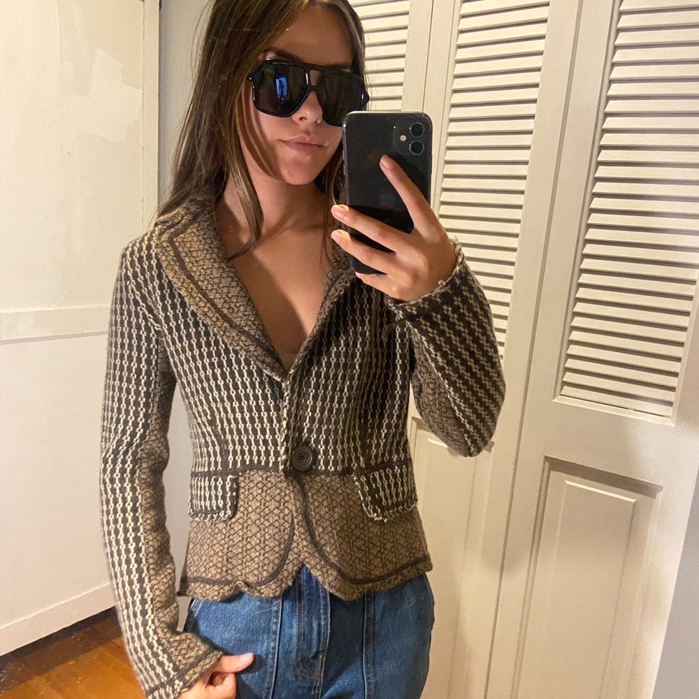 Nine West Checkered Knit Blazer in Brown and Tan